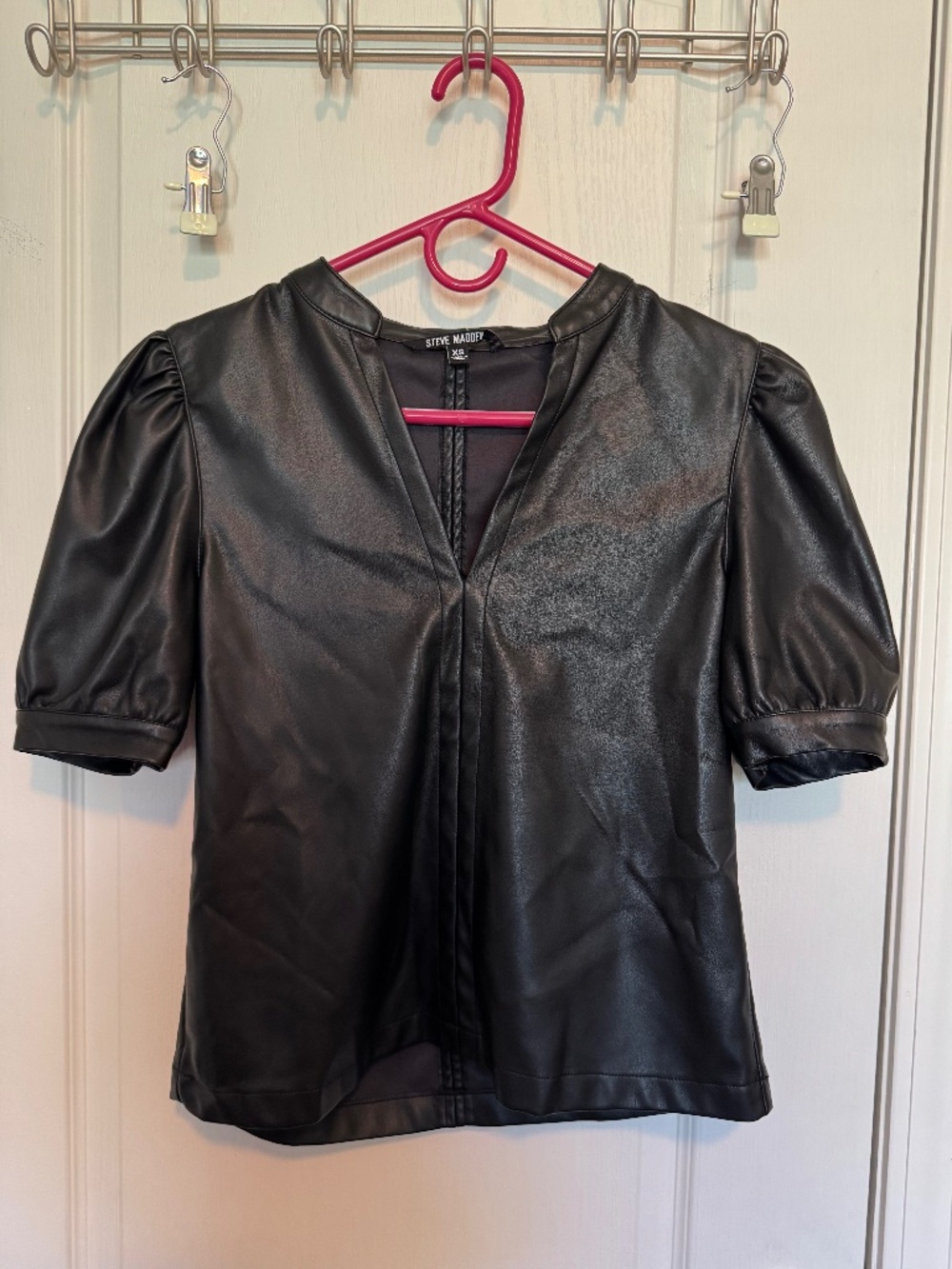 Steve Madden Jane Faux Leather Split V Neck Blouse Black Size XS